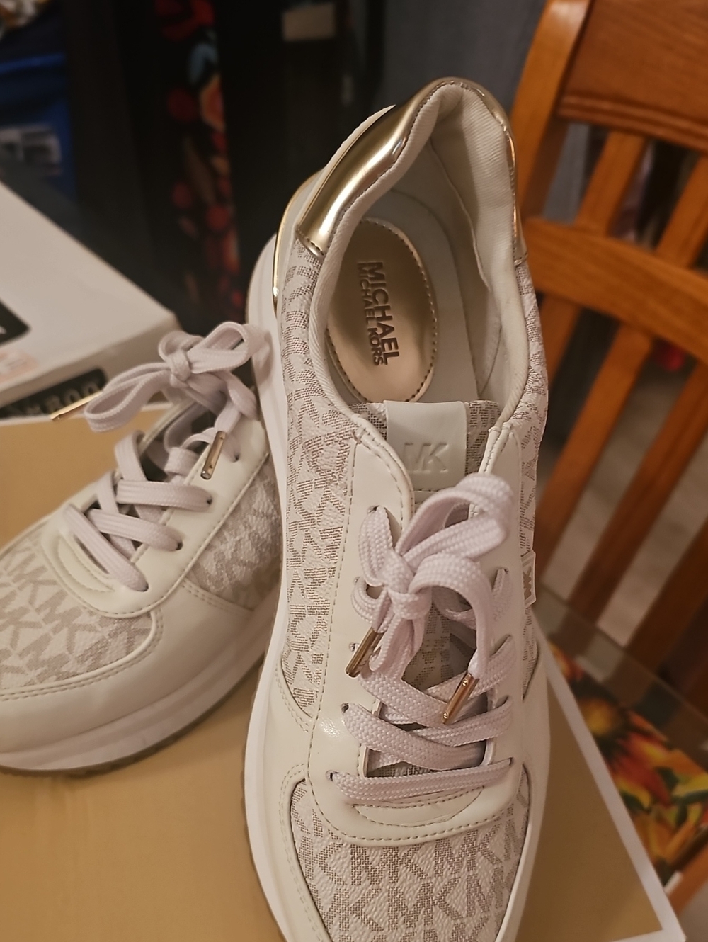 Michael Kors White and Light Tan Logo Lace-Up Sneakers with Gold Accent